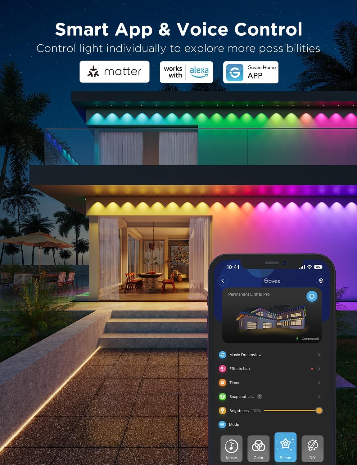 Permanent Outdoor Lights Pro. 200ft with 120 RGBIC LED Lights for Daily and Accent Lighting. 75 Scene Modes for Outdoor Decor. IP67 Waterproof. Works with Alexa. Google Assistant. Matter. White