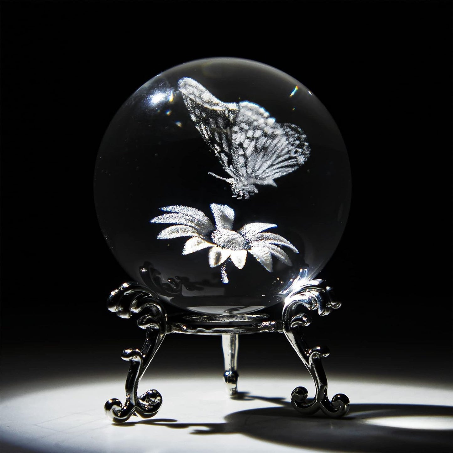 3D Engrving Crystal Lotus Flower Figurine Crystal Ball with Sliver-Plated Flowering Stand Glass Decorative Ball Sphere for Home Decor 2.3 inch (60mm)