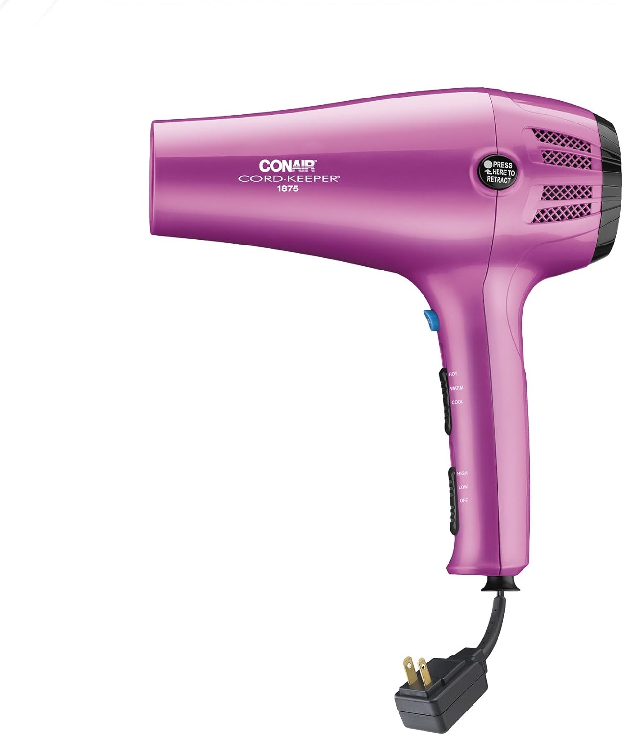 Hair Dryer with Retractable Cord. 1875W Cord-Keeper Blow Dryer.Pink