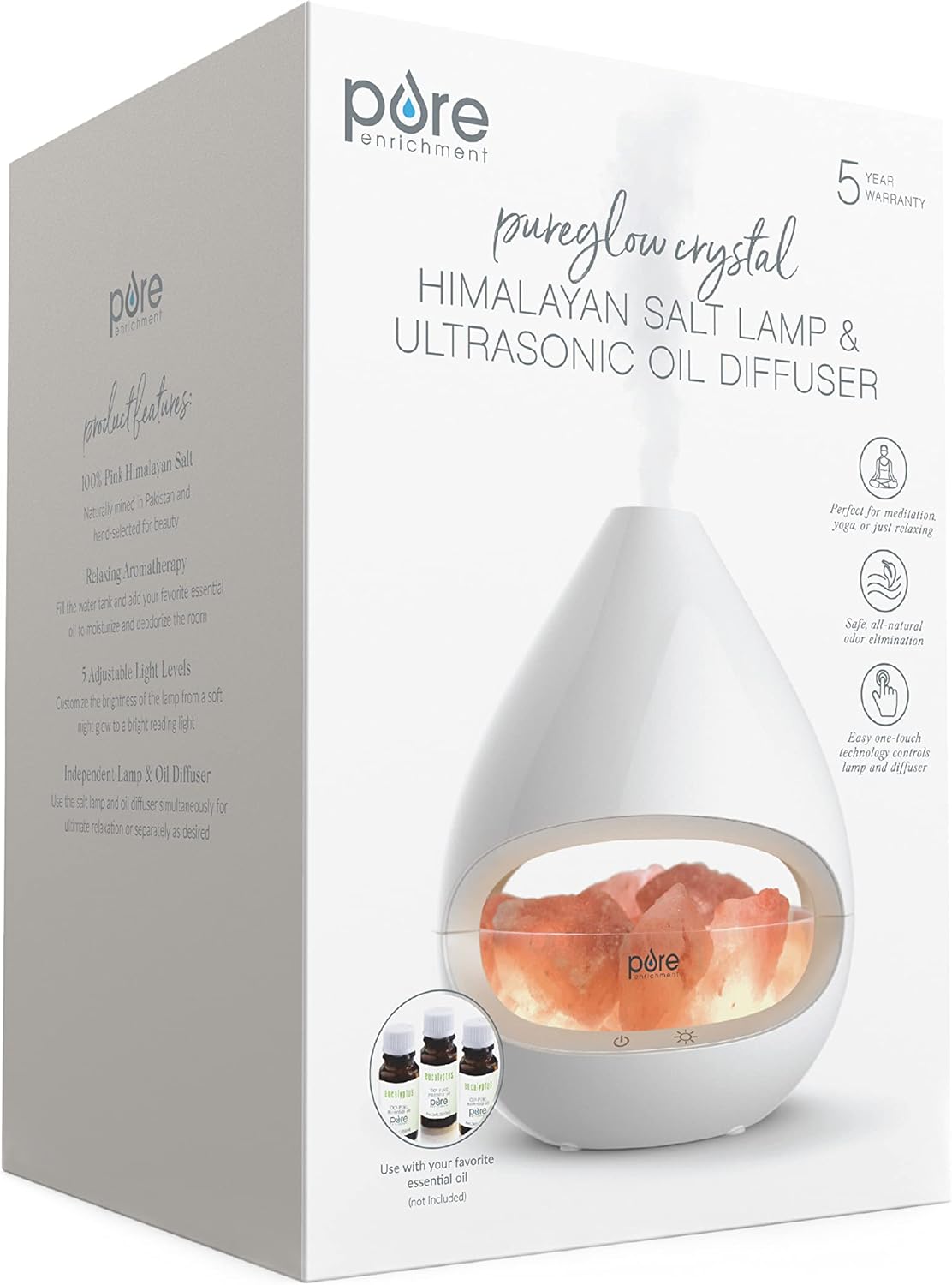 2-in-1 Himalayan Salt Lamp & Ultrasonic Essential Oil Diffuser. Original Salt Therapy Lamp. 100% Pure Himalayan Salt. Ambient Glow. 160 mL 16-Hour Tank (White)