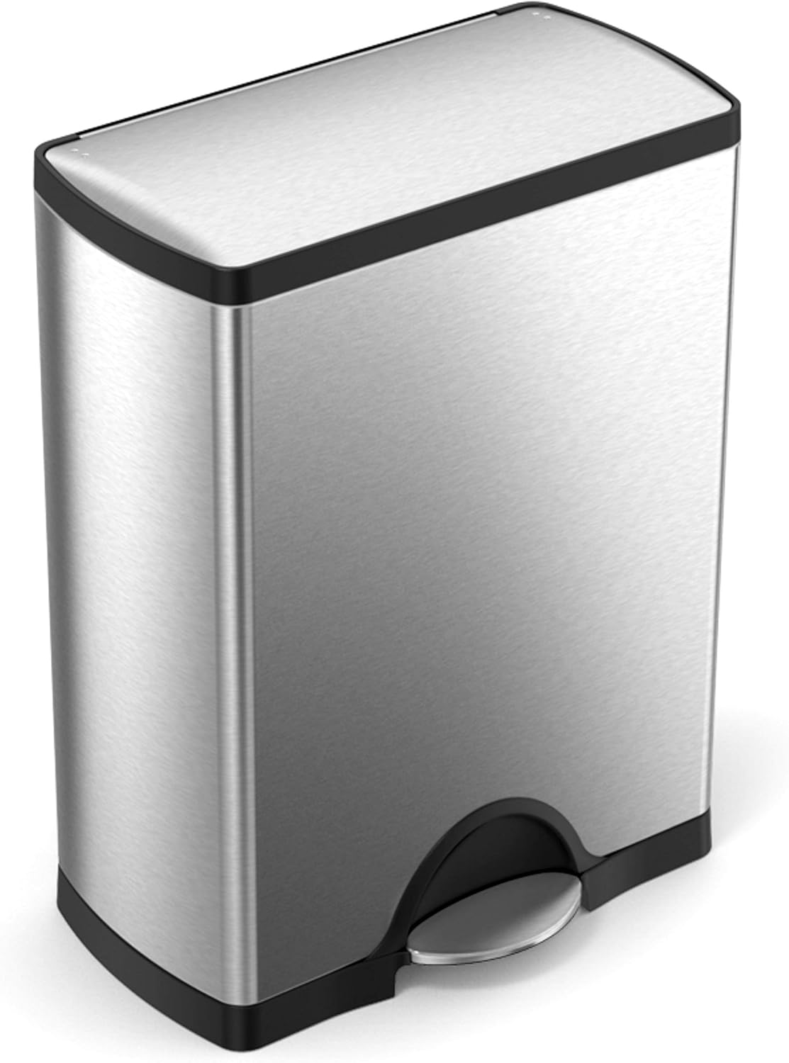 Rectangular Dual Compartment Recycling Kitchen Step Trash Can. 46 Liter. Brushed Stainless Steel