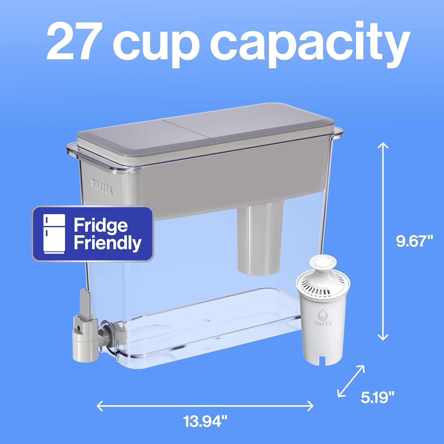 Large Water Dispenser With Standard Filter. BPA-Free. Reduces Copper. Cadmium and Mercury Impurities. Lasts 2 Months or 40 Gallons. Includes 1 Filter. Kitchen Accessories. Large 27-Cup