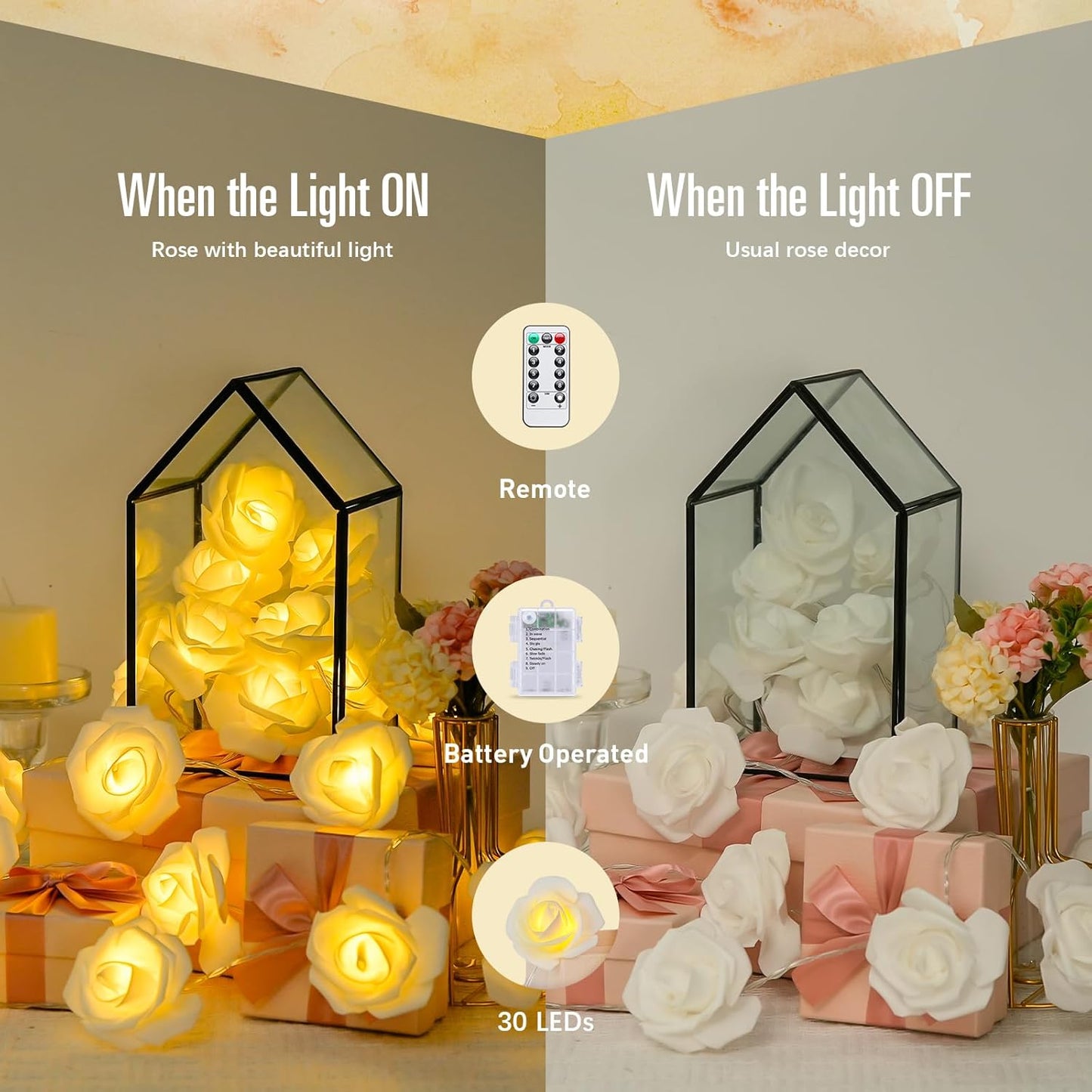 30 LED Rose Flower Lights. 16ft Flower String Lights Battery Operated. 8 Modes Rose Fairy Lights for Mother's Day Bedroom Wedding Room Decor Gift Indoor Decor(Warm White)