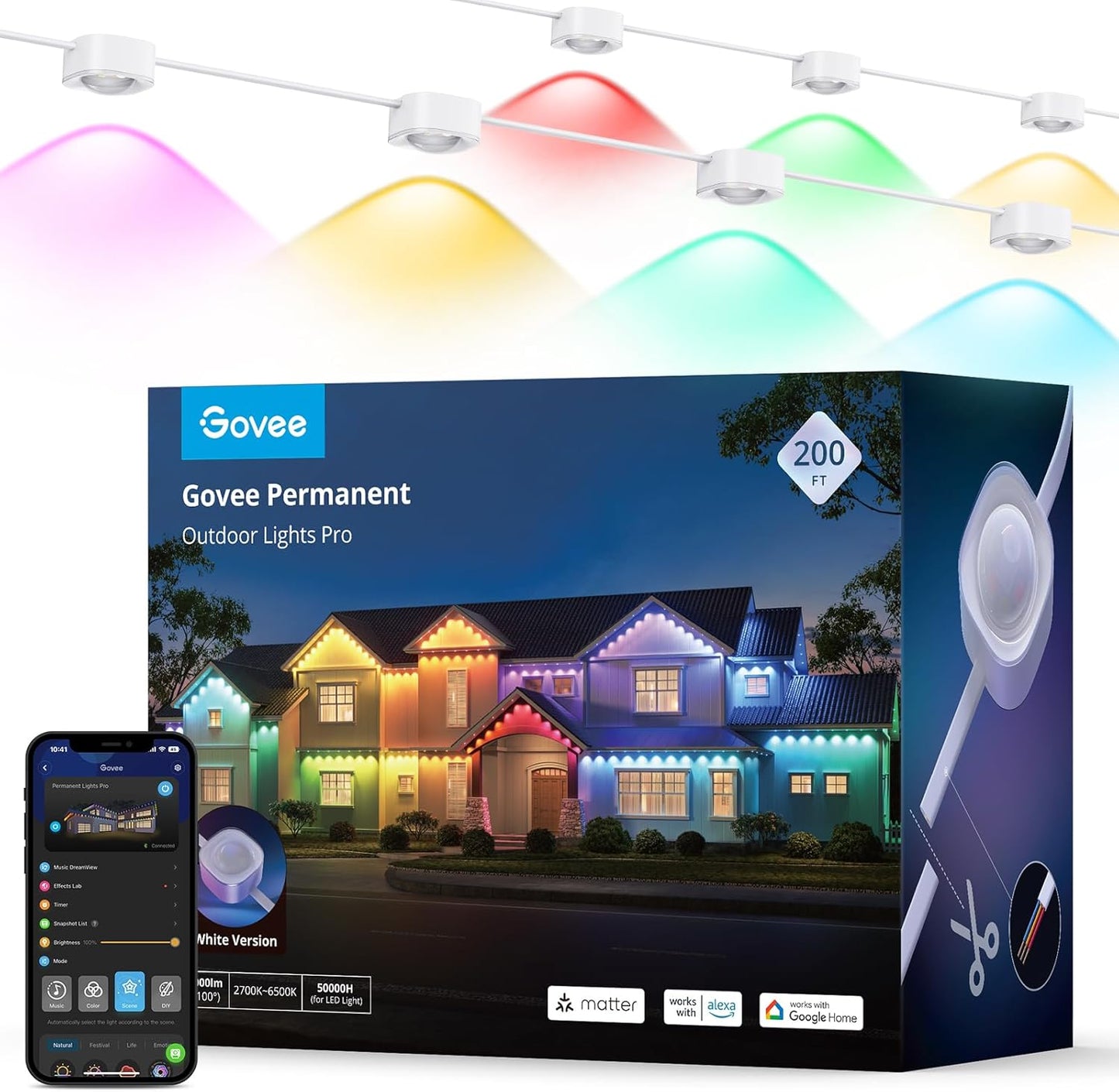 Permanent Outdoor Lights Pro. 200ft with 120 RGBIC LED Lights for Daily and Accent Lighting. 75 Scene Modes for Outdoor Decor. IP67 Waterproof. Works with Alexa. Google Assistant. Matter. White