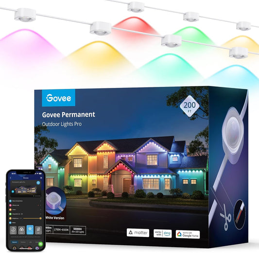 Permanent Outdoor Lights Pro. 200ft with 120 RGBIC LED Lights for Daily and Accent Lighting. 75 Scene Modes for Outdoor Decor. IP67 Waterproof. Works with Alexa. Google Assistant. Matter. White