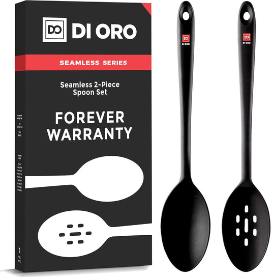 Silicone Spoons for Cooking - Large Kitchen Spoons for Mixing. Serving. & Stirring - 600°F Heat-Resistant Non Stick Utensils – Big Solid & Slotted Basting Spoons - Dishwasher Safe (2pc. Black)