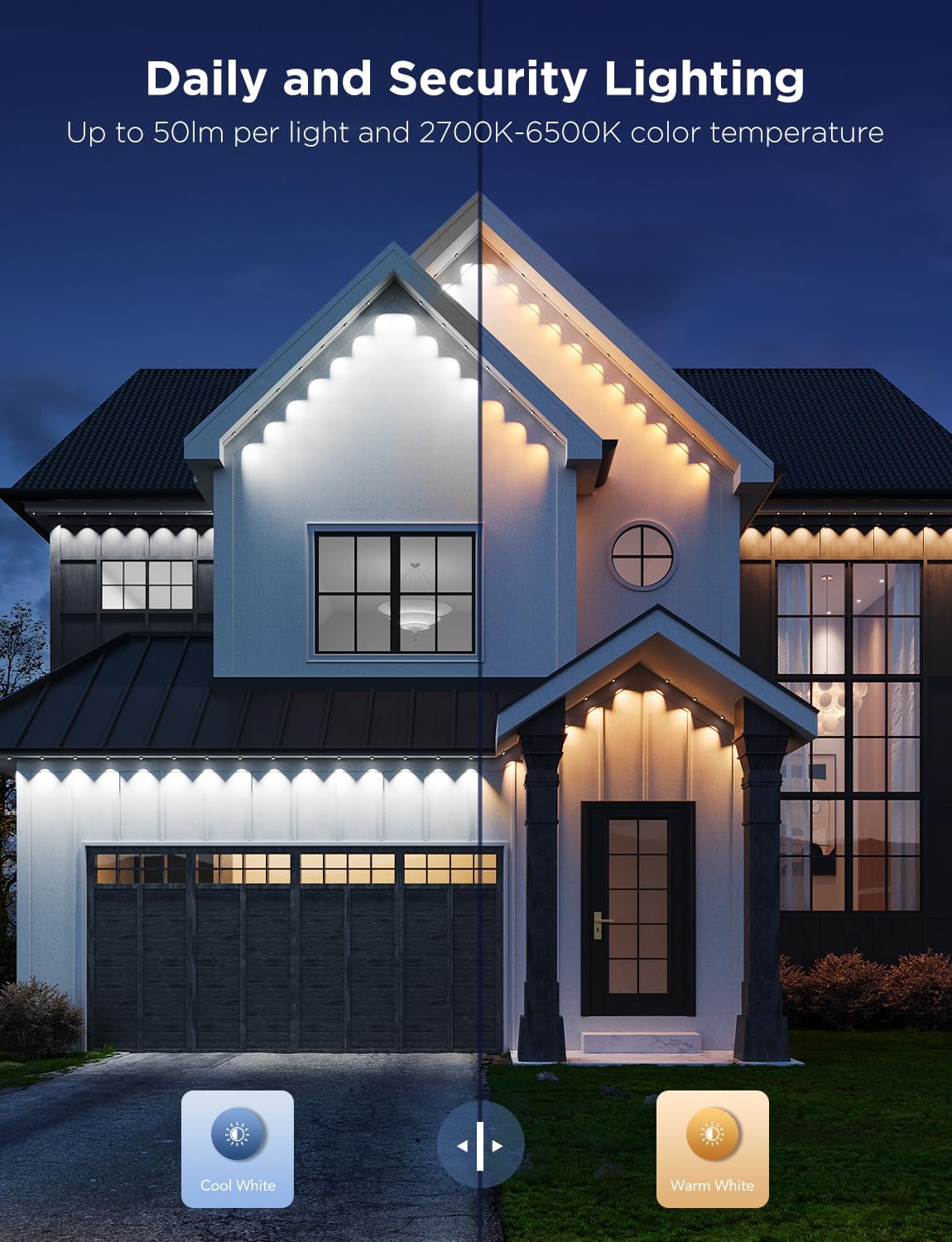 Permanent Outdoor Lights Pro. 200ft with 120 RGBIC LED Lights for Daily and Accent Lighting. 75 Scene Modes for Outdoor Decor. IP67 Waterproof. Works with Alexa. Google Assistant. Matter. White
