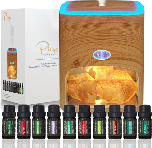 Pink Salt Diffuser & 10 Essential Oils – 2-in-1 Therapeutic Device - Aromatherapy & Ionic Himalayan Salt Therapy – 400ml Ultrasonic Vaporizer and Ionizer with Ambient Glow (Light)