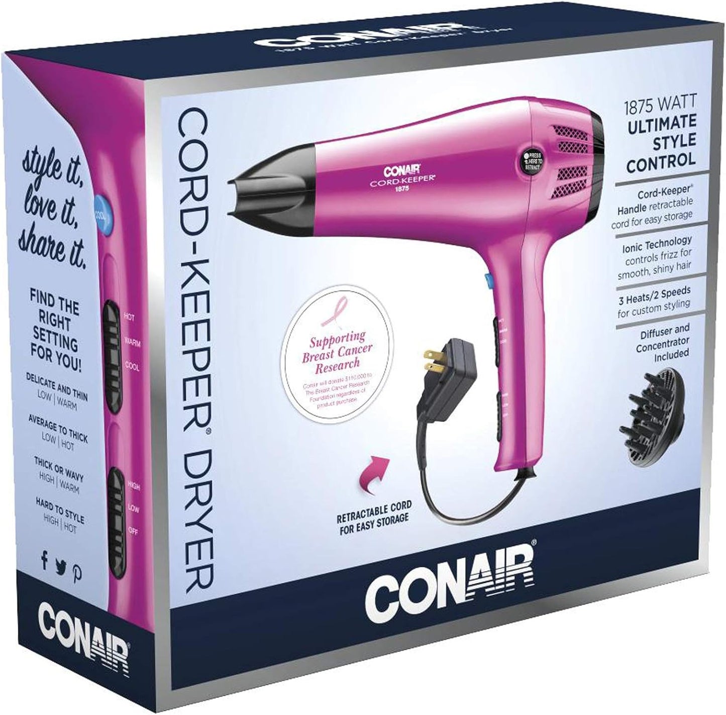 Hair Dryer with Retractable Cord. 1875W Cord-Keeper Blow Dryer.Pink