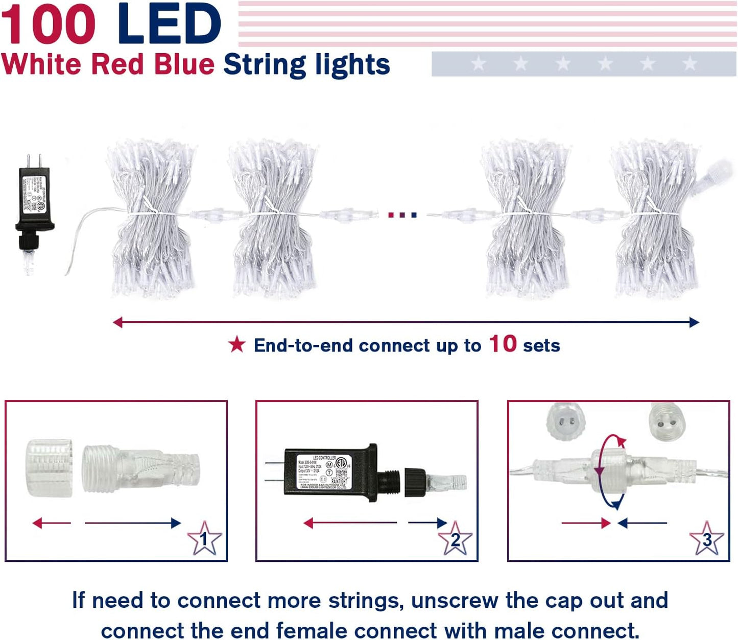 4th of July Decorations 100 LED String Lights Indoor. 33ft Red White and Blue Lights Plug-in. 8 Modes Patriotic 4th of July Lights for Indoor Outdoor Independence Day American Flag Holiday