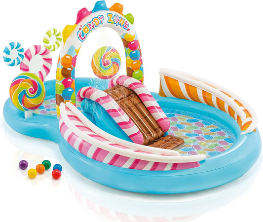 Candy Zone Inflatable Kiddie Pool: Inflatable Kids Pool with Water Sprayer and Slide – Splash Pad – 116 x 75 x 51 – Ages 3+