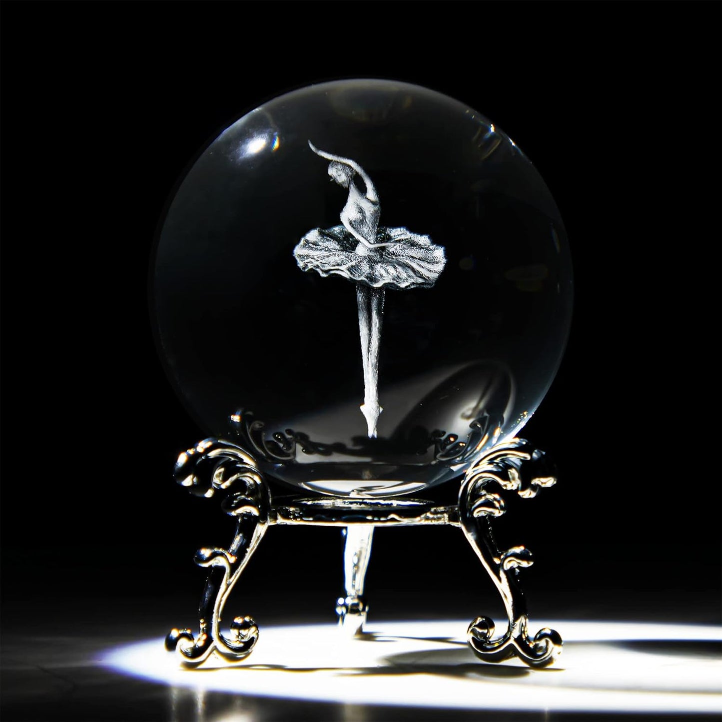 3D Engrving Crystal Lotus Flower Figurine Crystal Ball with Sliver-Plated Flowering Stand Glass Decorative Ball Sphere for Home Decor 2.3 inch (60mm)