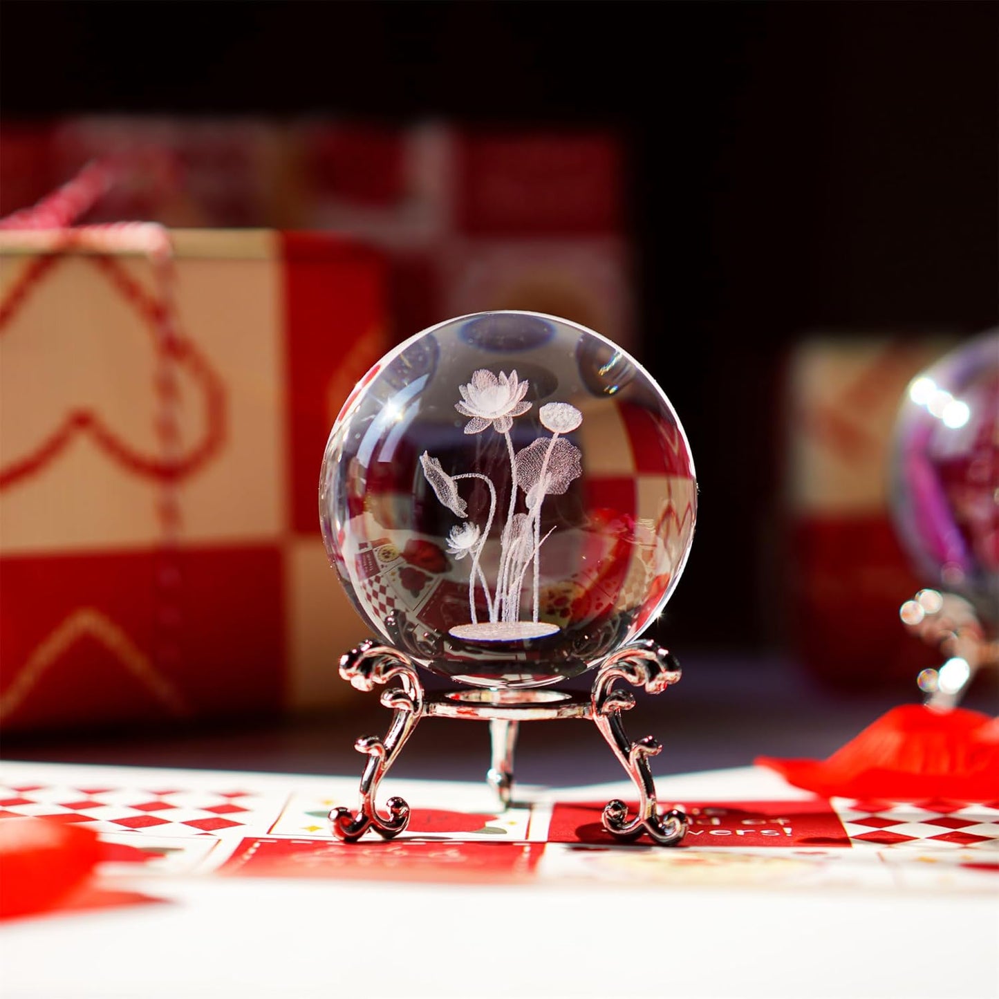 3D Engrving Crystal Lotus Flower Figurine Crystal Ball with Sliver-Plated Flowering Stand Glass Decorative Ball Sphere for Home Decor 2.3 inch (60mm)