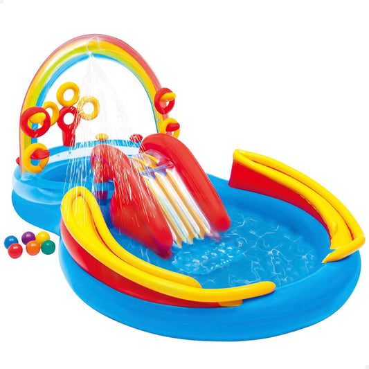 57453EP 9.75 Foot x 6.3 Foot x 53 Inch Multicolor Rainbow Slide Kids Inflatable Pool with Water Slide and Ring Toss for Children Ages 2 and Up