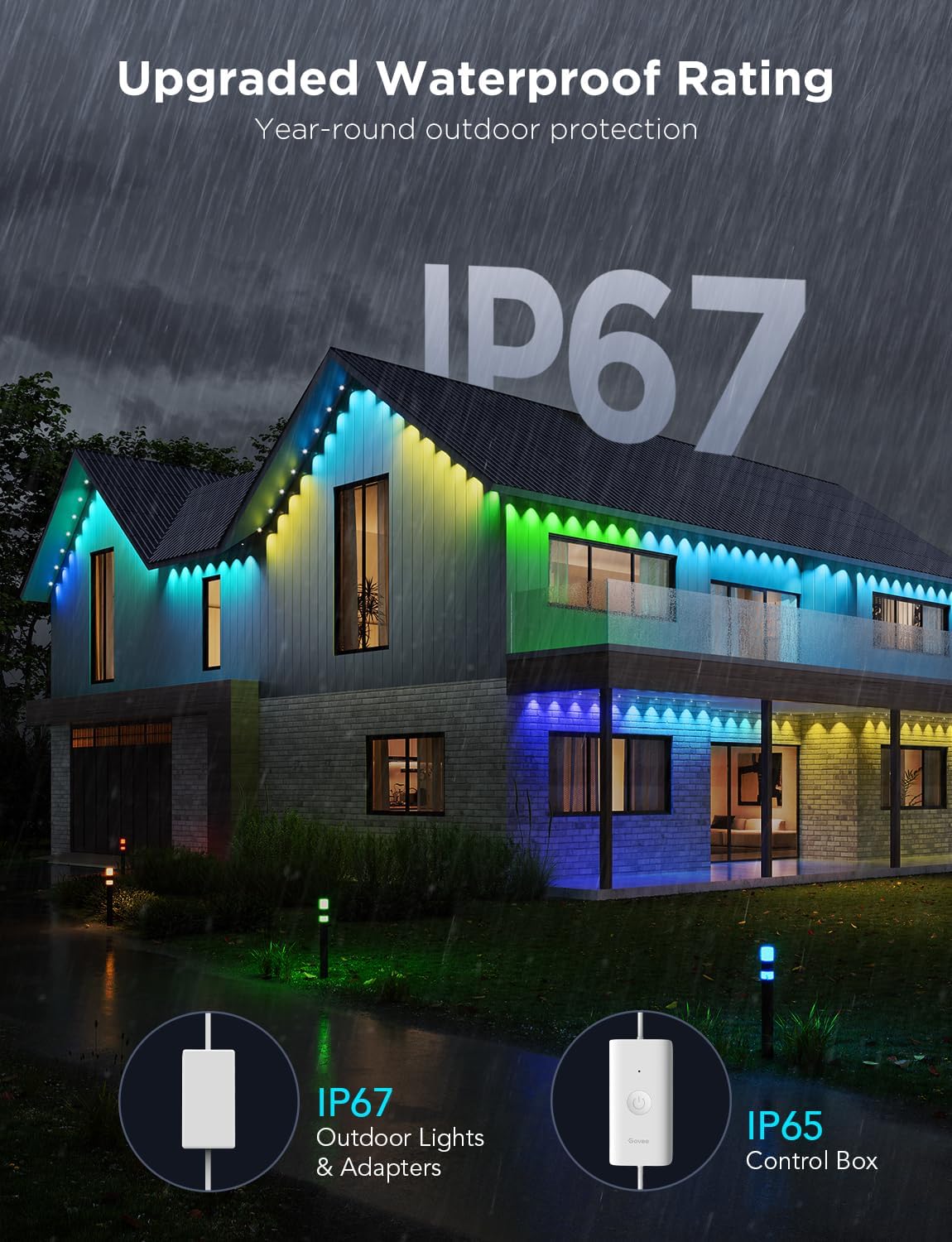 Permanent Outdoor Lights Pro. 200ft with 120 RGBIC LED Lights for Daily and Accent Lighting. 75 Scene Modes for Outdoor Decor. IP67 Waterproof. Works with Alexa. Google Assistant. Matter. White