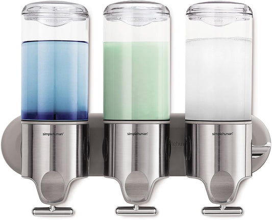 Triple Wall Mount Shower Pump. 3 x 15 fl. oz. Shampoo and Soap Dispensers. Stainless Steel