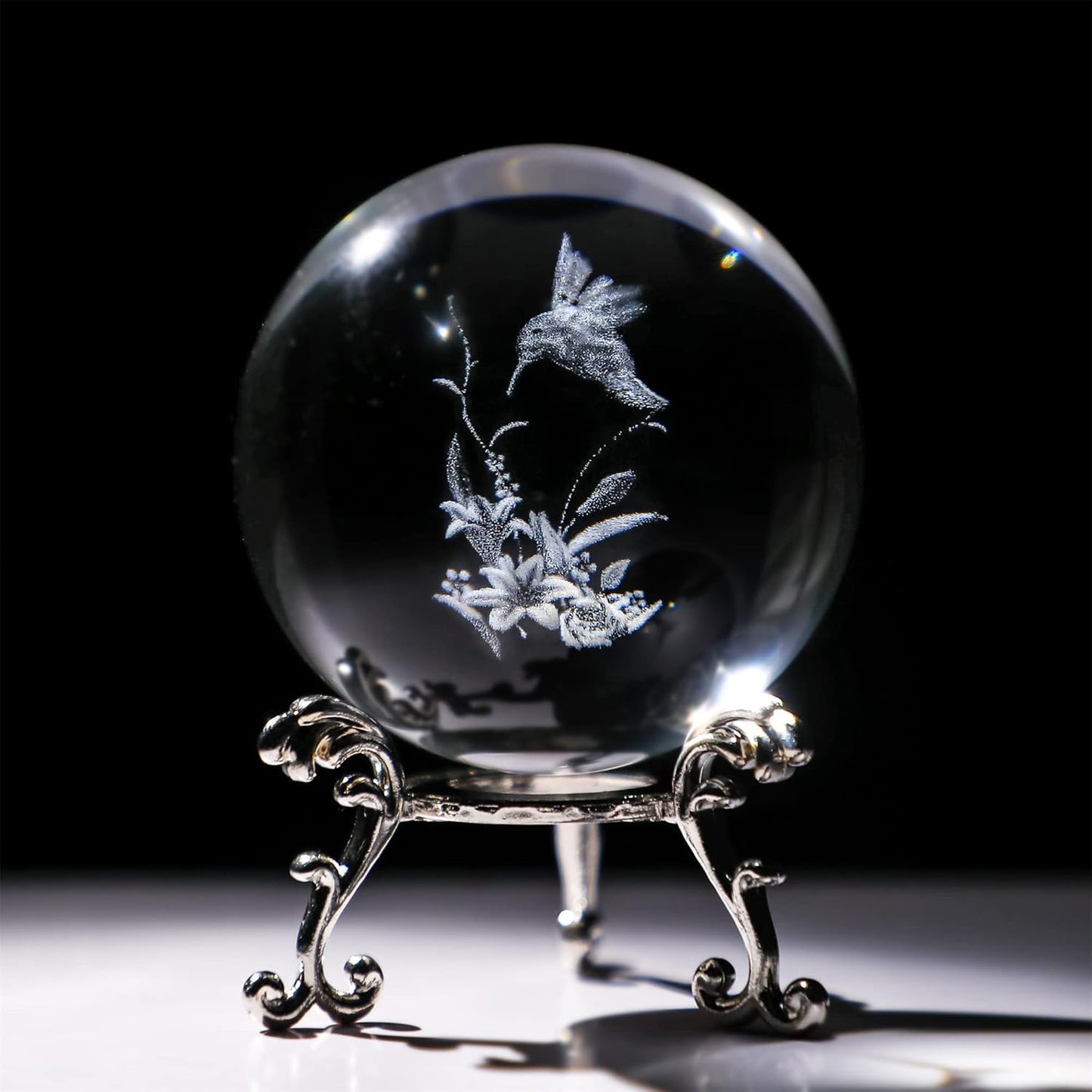 3D Engrving Crystal Lotus Flower Figurine Crystal Ball with Sliver-Plated Flowering Stand Glass Decorative Ball Sphere for Home Decor 2.3 inch (60mm)
