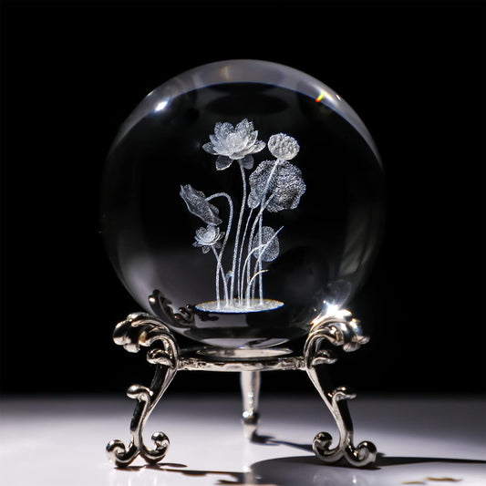 3D Engrving Crystal Lotus Flower Figurine Crystal Ball with Sliver-Plated Flowering Stand Glass Decorative Ball Sphere for Home Decor 2.3 inch (60mm)