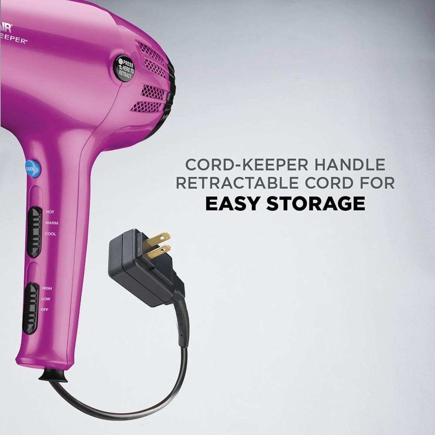Hair Dryer with Retractable Cord. 1875W Cord-Keeper Blow Dryer.Pink