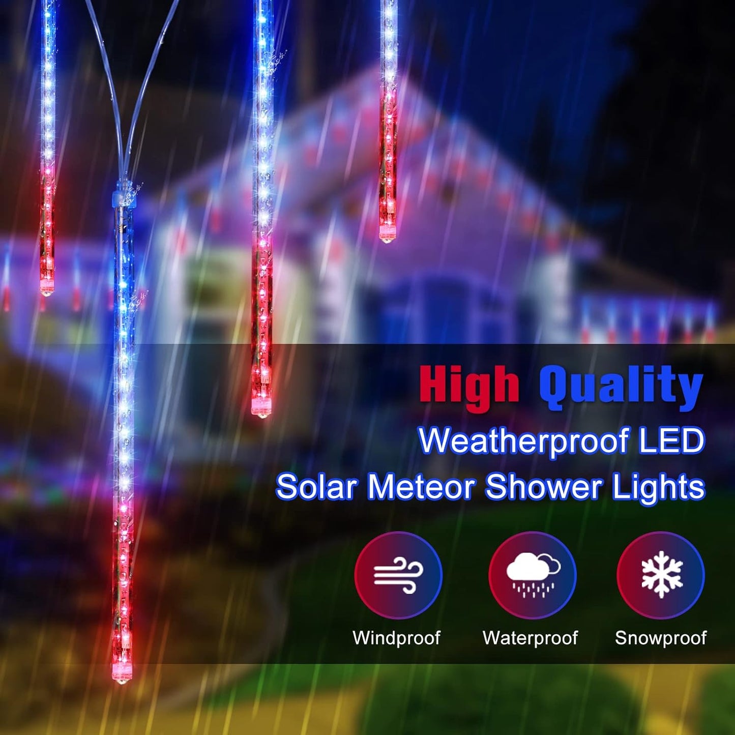 Red White and Blue Solar Lights 8 Tube 144 LEDs Patriotic Solar Meteor Shower Lights Waterproof. 4th of July Lights for Independence Day. Gardens. Tree. Outdoor 4th of July Decorations