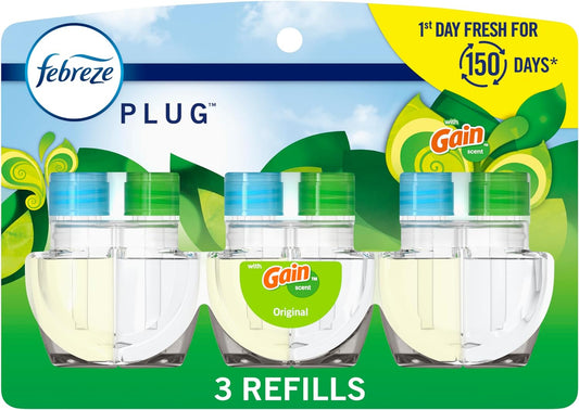 Plug In Air Freshener. Odor-Fighting Scented Oil Refill. Air Fresheners for Home and Bathroom and Kitchen. Long Lasting for Strong Odors. Gain Original Scent. 0.87oz Refills. 3 Count