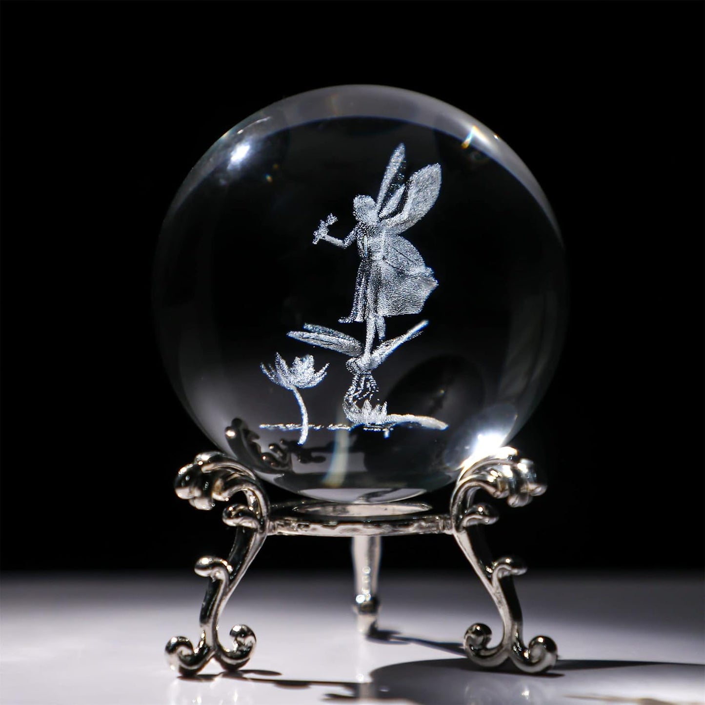 3D Engrving Crystal Lotus Flower Figurine Crystal Ball with Sliver-Plated Flowering Stand Glass Decorative Ball Sphere for Home Decor 2.3 inch (60mm)