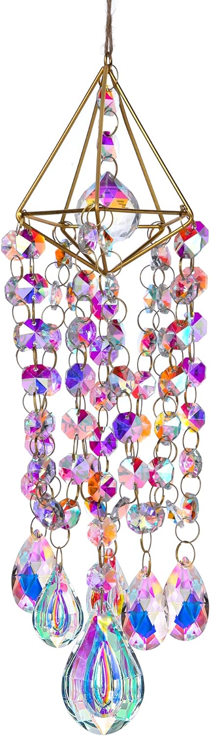 Crystal Suncatchers for Window Hanging Wind Chime Style Garden Sun Catchers with Crystals Rainbow Maker Indoor Outdoor Decor Handmade Gold Plated