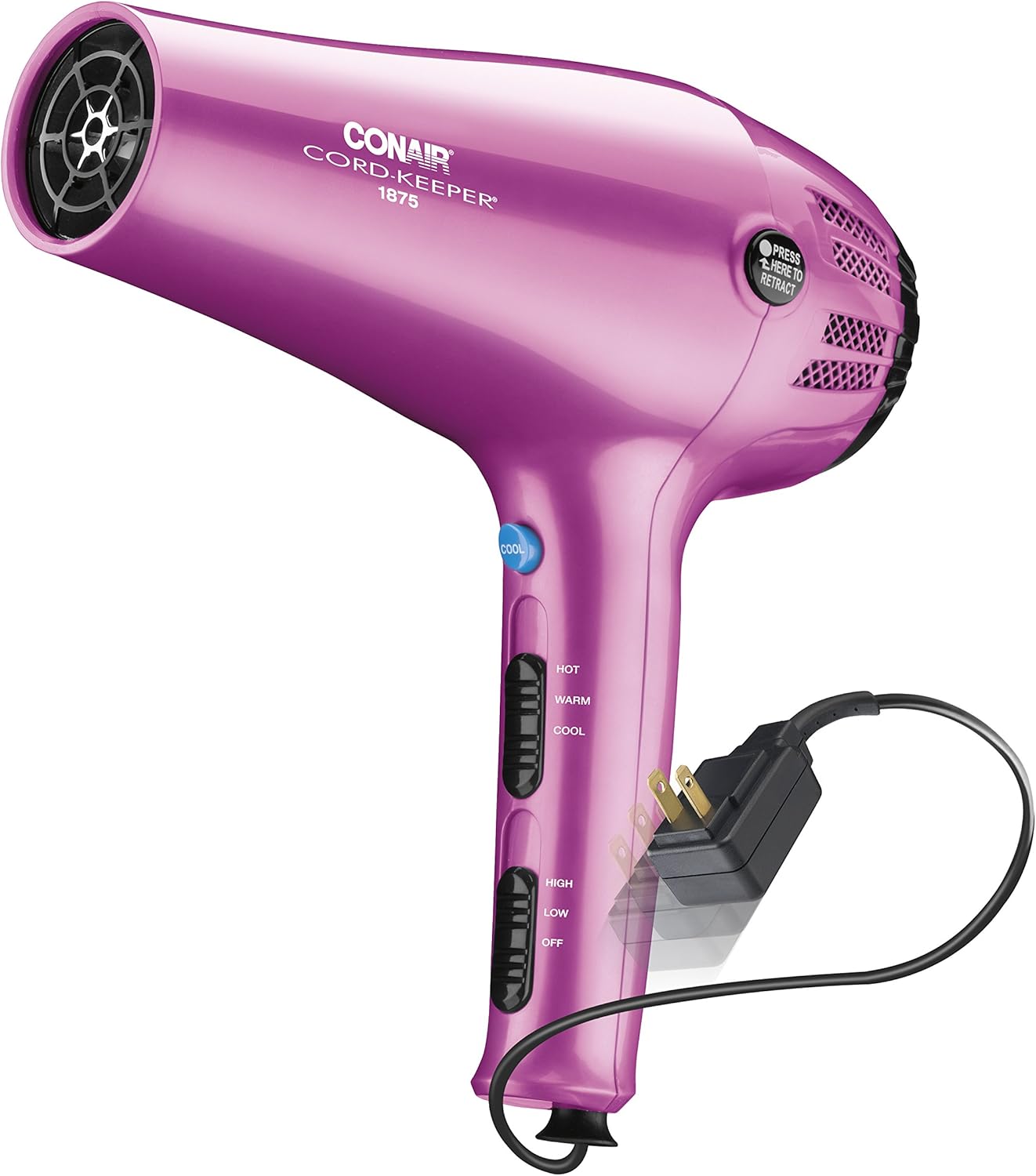 Hair Dryer with Retractable Cord. 1875W Cord-Keeper Blow Dryer.Pink