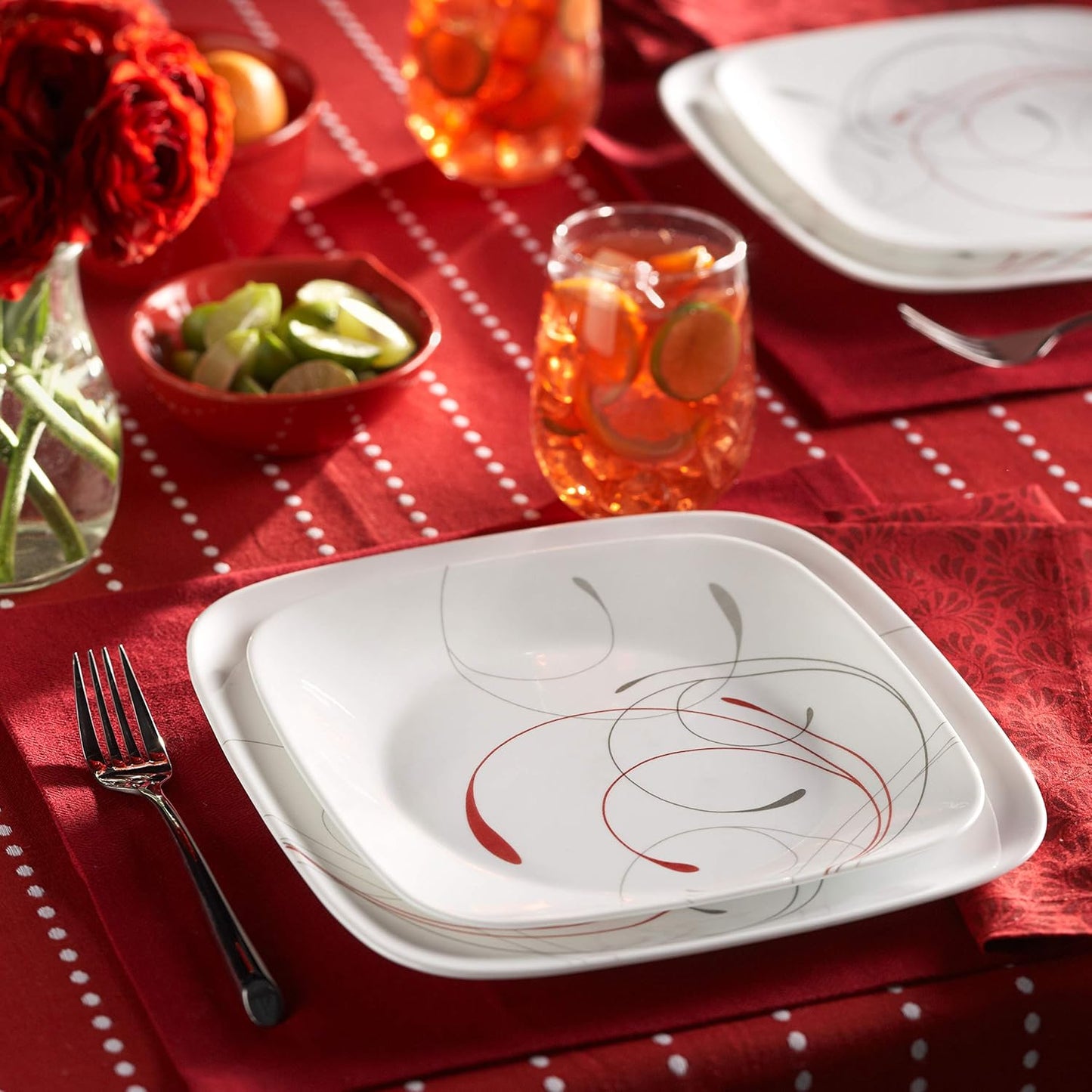 18-Piece Service for 6 Dinnerware Set. Triple Layer Glass and Chip Resistant. Lightweight Square Plates and Bowls Set. Splendor