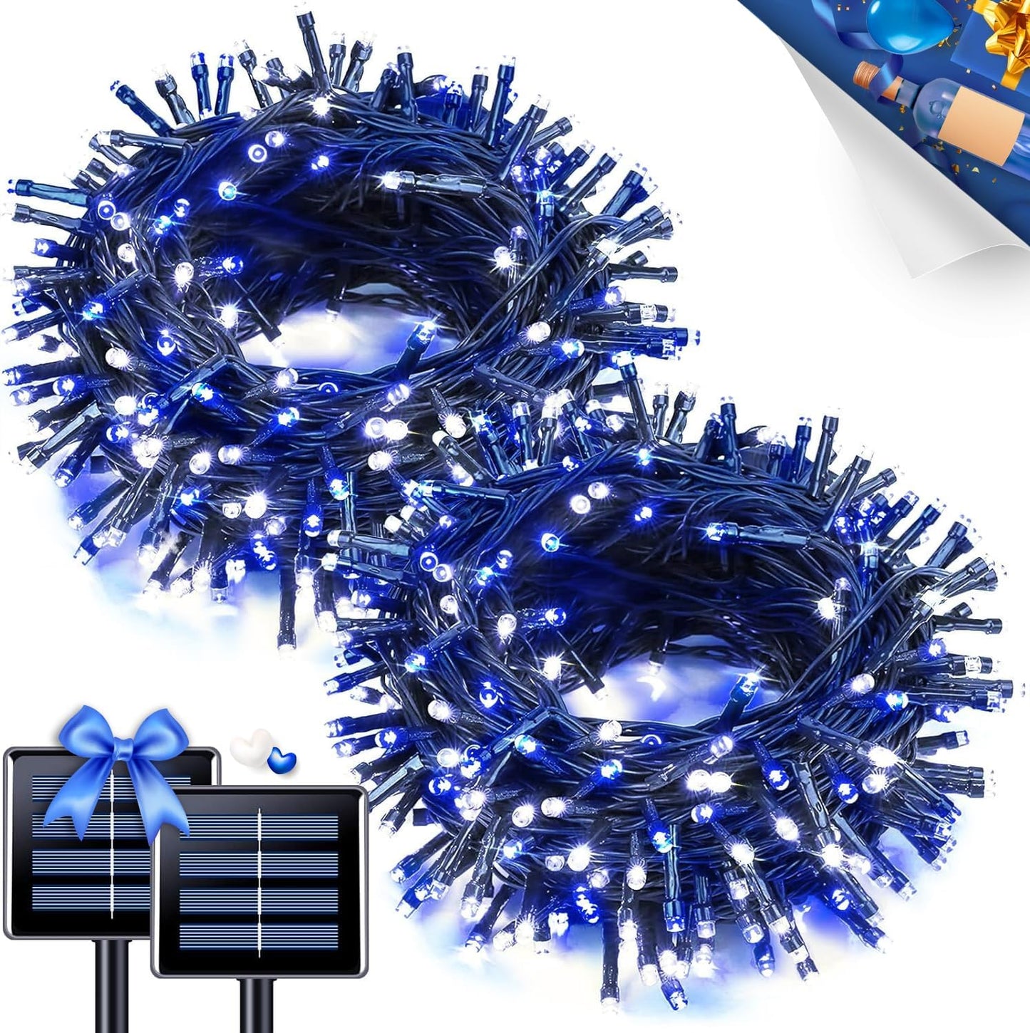 2 Pack Red White and Blue Solar Lights 100LED 33ft Patriot Solar String Lights Waterproof. 8 Modes 4th of July Lights for Independence Day. Gardens. Tree. Outdoor 4th of July Decorations