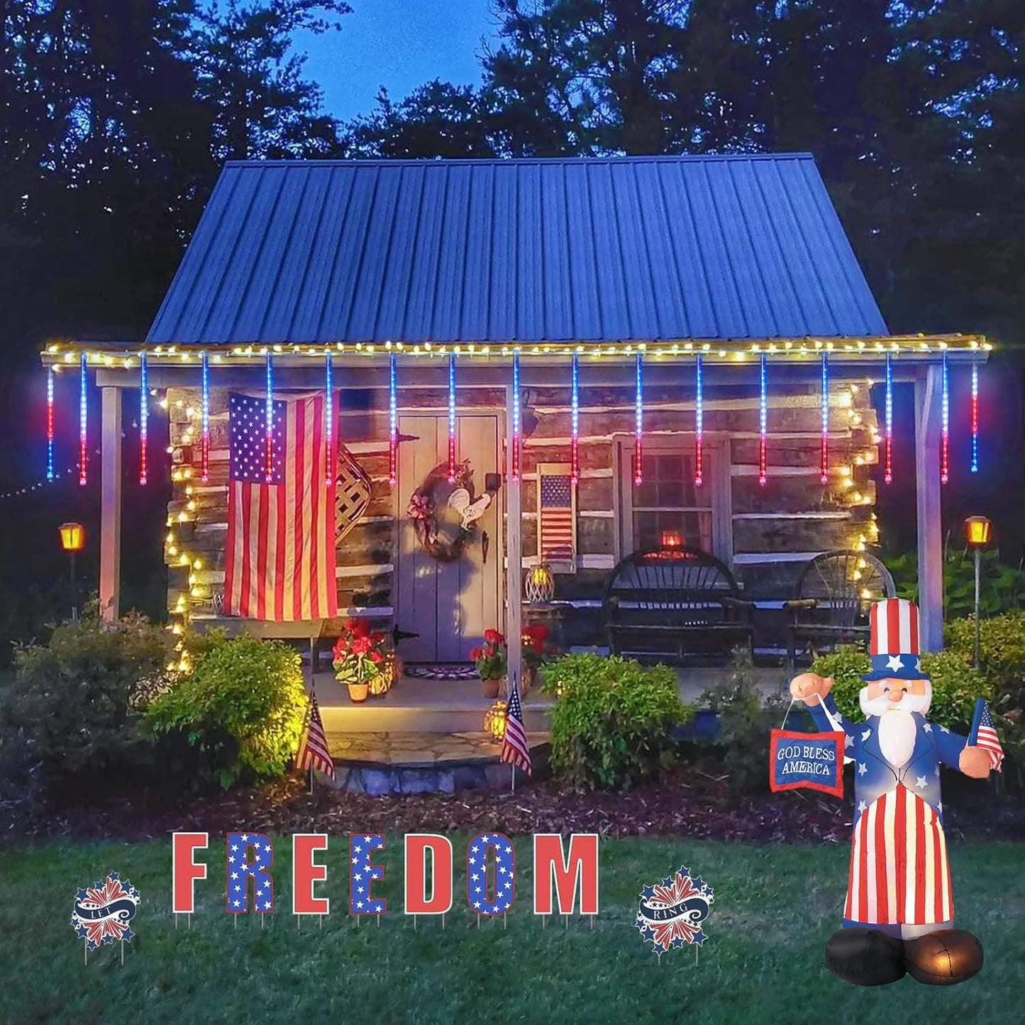 Red White and Blue Solar Lights 8 Tube 144 LEDs Patriotic Solar Meteor Shower Lights Waterproof. 4th of July Lights for Independence Day. Gardens. Tree. Outdoor 4th of July Decorations