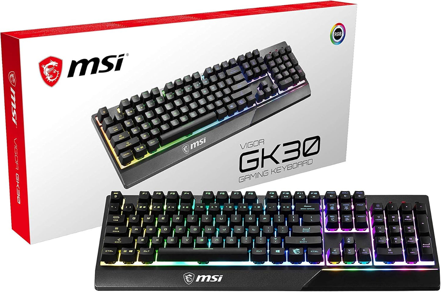 Vigor GK30 RGB Gaming Keyboard. 6-Zone RGB Lighting. Water Repellent & Splash-Proof. Mechanical-Like Plunger Switches. Black