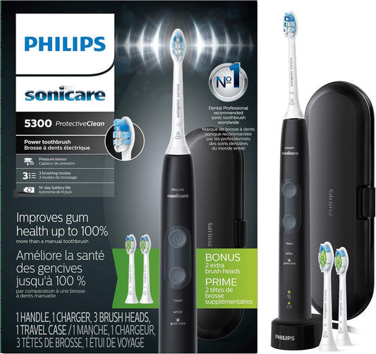 Sonicare ProtectiveClean 5300 Rechargeable Electric Toothbrush. with Pressure Sensor. 3 Cleaning Modes. SmarTimer and QuadPacer. with 2 Bonus Brush Heads. Travel Case. Black. Model HX6423/34