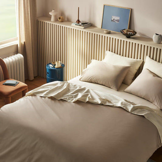 Luxury Sateen 4 Piece Queen Size Sheets Set in Pebble - 100% Cotton Sateen Sheets - 1 Fitted Sheet. 1 Flat Sheet. 2 Pillowcases - Best Luxury Sheets