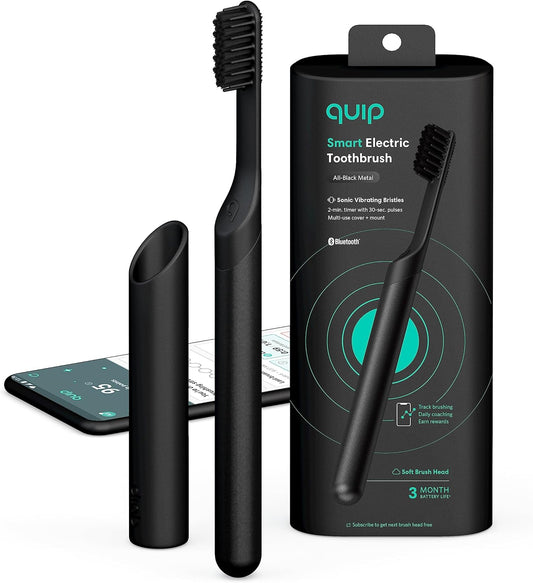 Smart Sonic Toothbrush for Adults - Timed Electric Toothbrush with Bluetooth & Rewards App - Replaceable Brush Head. Soft Bristles. Metal Handle. 3 Month Battery Life - Travel Brush - All-Black