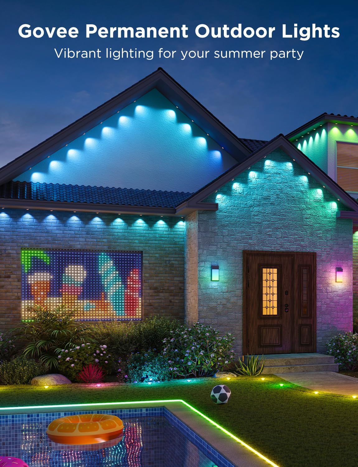 Permanent Outdoor Lights Pro. 200ft with 120 RGBIC LED Lights for Daily and Accent Lighting. 75 Scene Modes for Outdoor Decor. IP67 Waterproof. Works with Alexa. Google Assistant. Matter. White