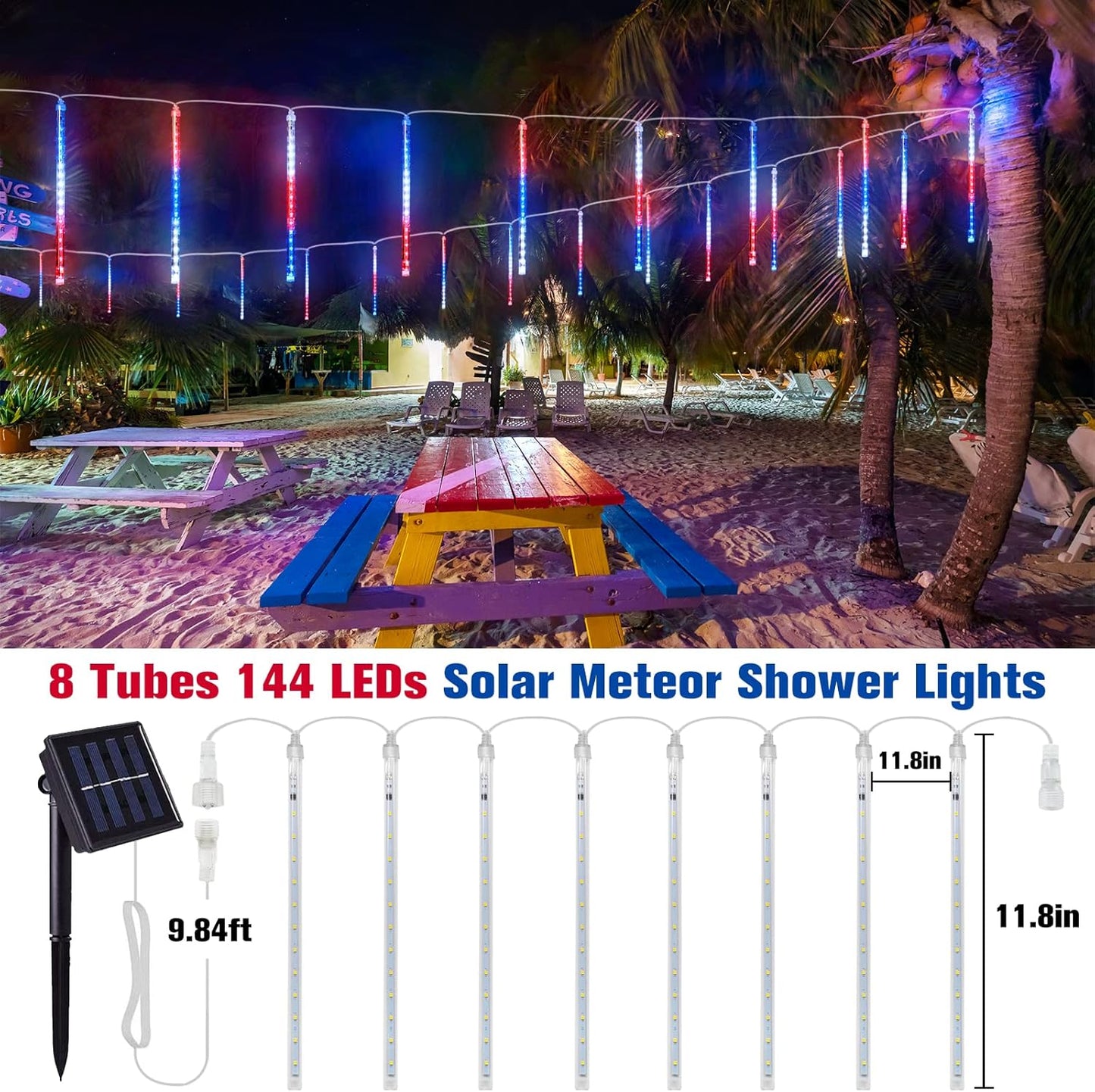 Red White and Blue Solar Lights 8 Tube 144 LEDs Patriotic Solar Meteor Shower Lights Waterproof. 4th of July Lights for Independence Day. Gardens. Tree. Outdoor 4th of July Decorations