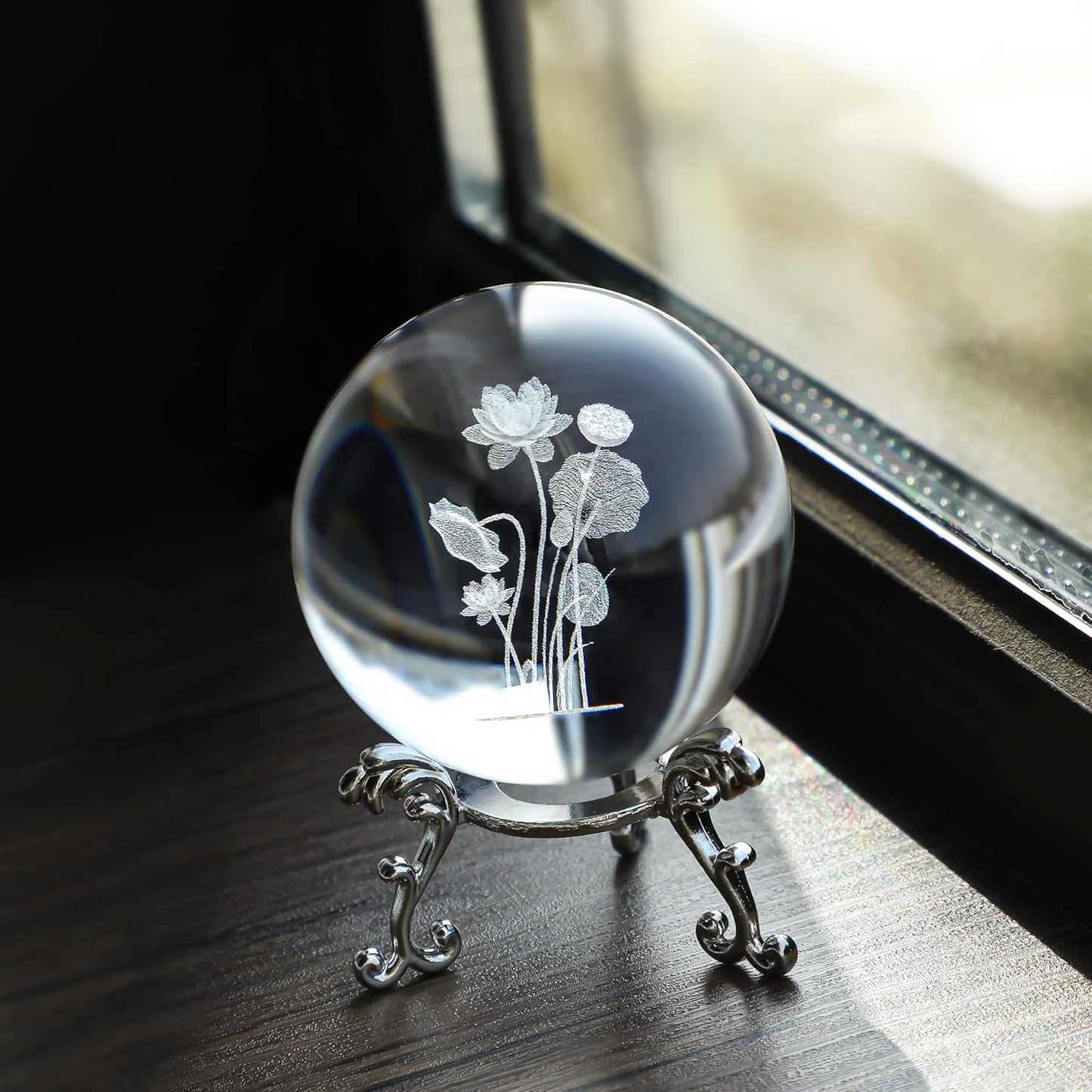3D Engrving Crystal Lotus Flower Figurine Crystal Ball with Sliver-Plated Flowering Stand Glass Decorative Ball Sphere for Home Decor 2.3 inch (60mm)