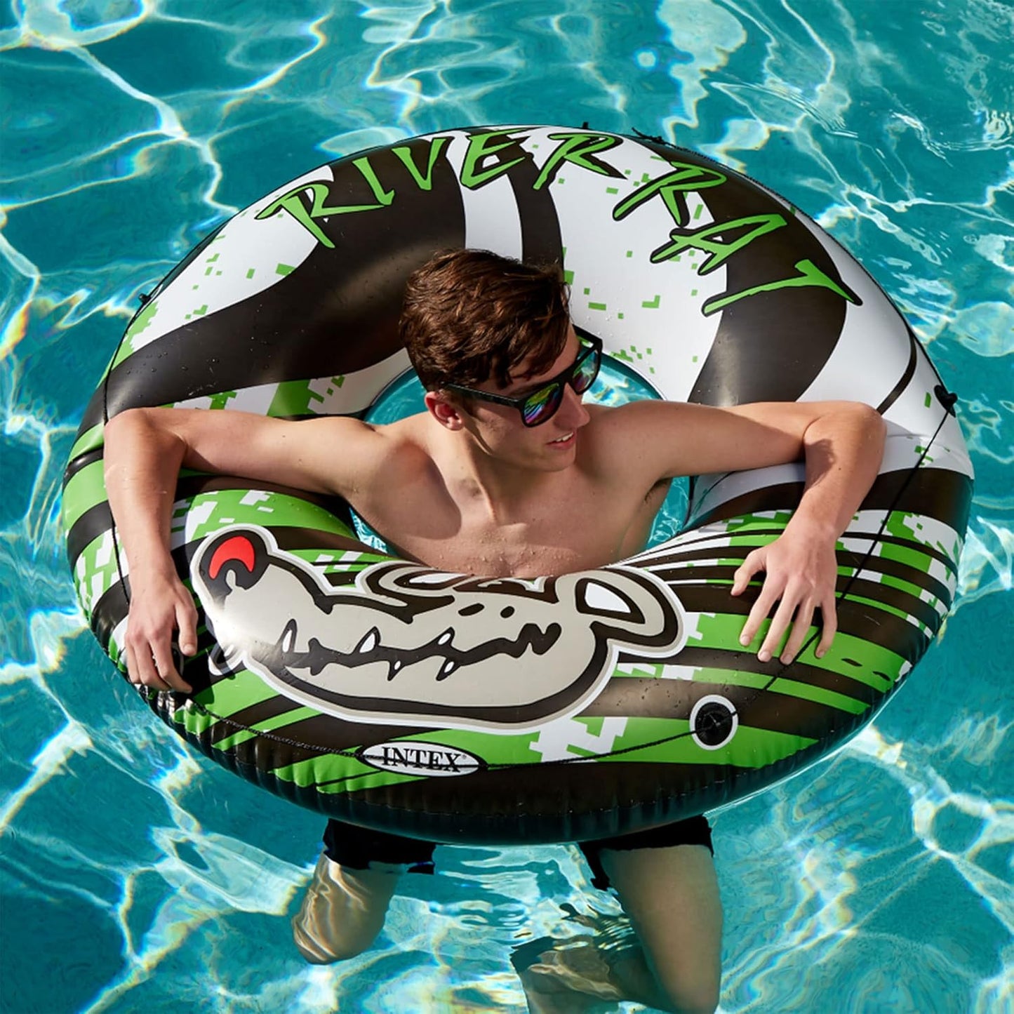 River Rat 48 Inch Inflatable Vinyl Towable Boat Floating Tube Raft for Swimming Pool and Lake in Green Rat or Graffiti Rat Design. Color Varies