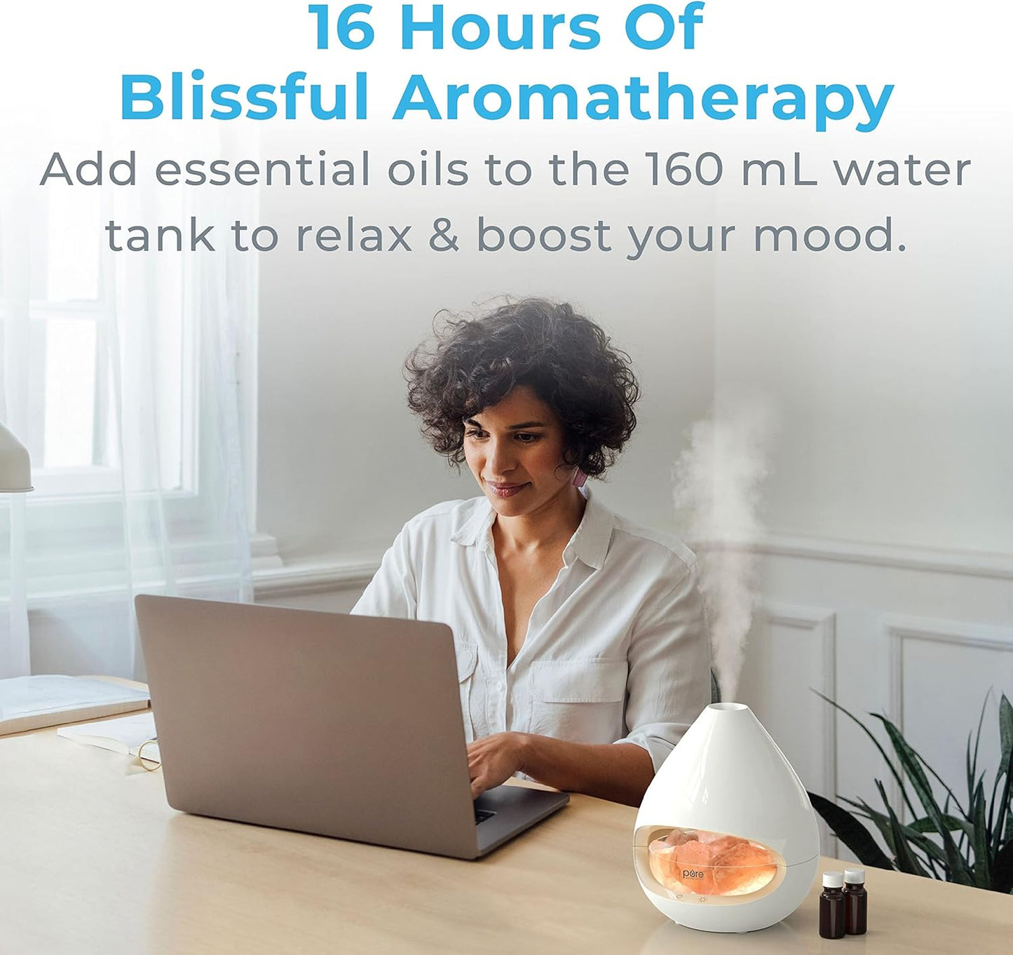 2-in-1 Himalayan Salt Lamp & Ultrasonic Essential Oil Diffuser. Original Salt Therapy Lamp. 100% Pure Himalayan Salt. Ambient Glow. 160 mL 16-Hour Tank (White)