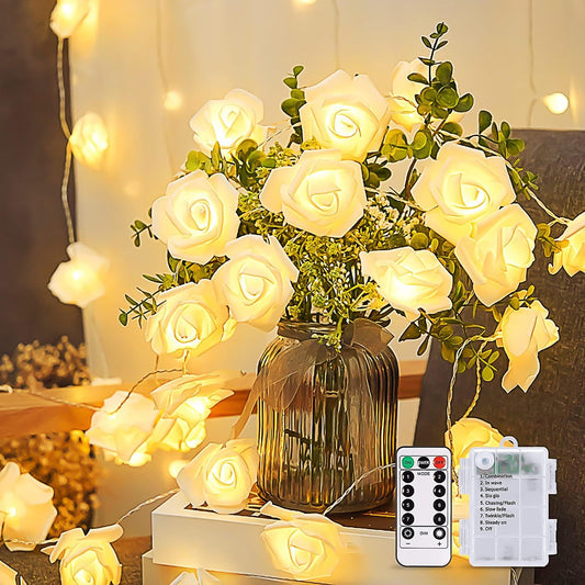 30 LED Rose Flower Lights. 16ft Flower String Lights Battery Operated. 8 Modes Rose Fairy Lights for Mother's Day Bedroom Wedding Room Decor Gift Indoor Decor(Warm White)
