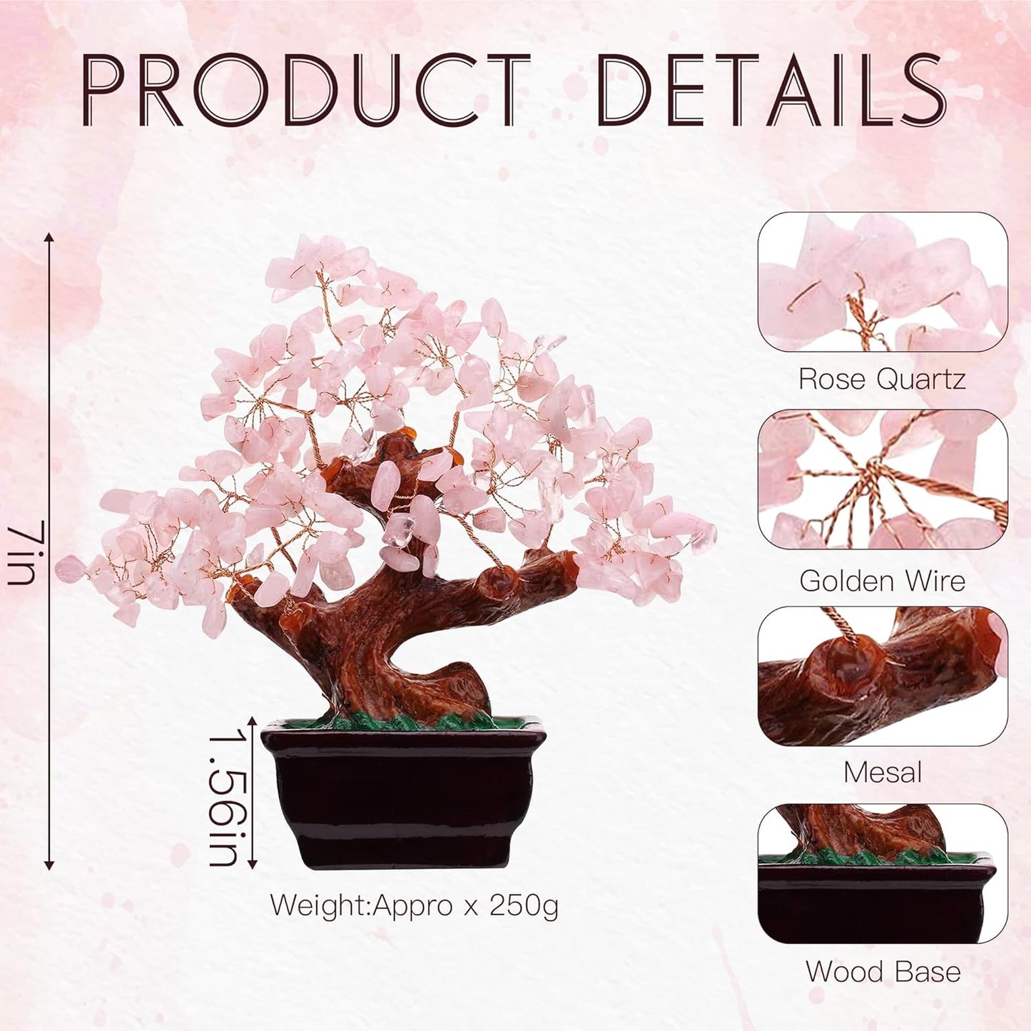77 Feng Shui Natural Rose Pink Quartz Crystal Money Tree Bonsai Style Decoration for Wealth and Luck