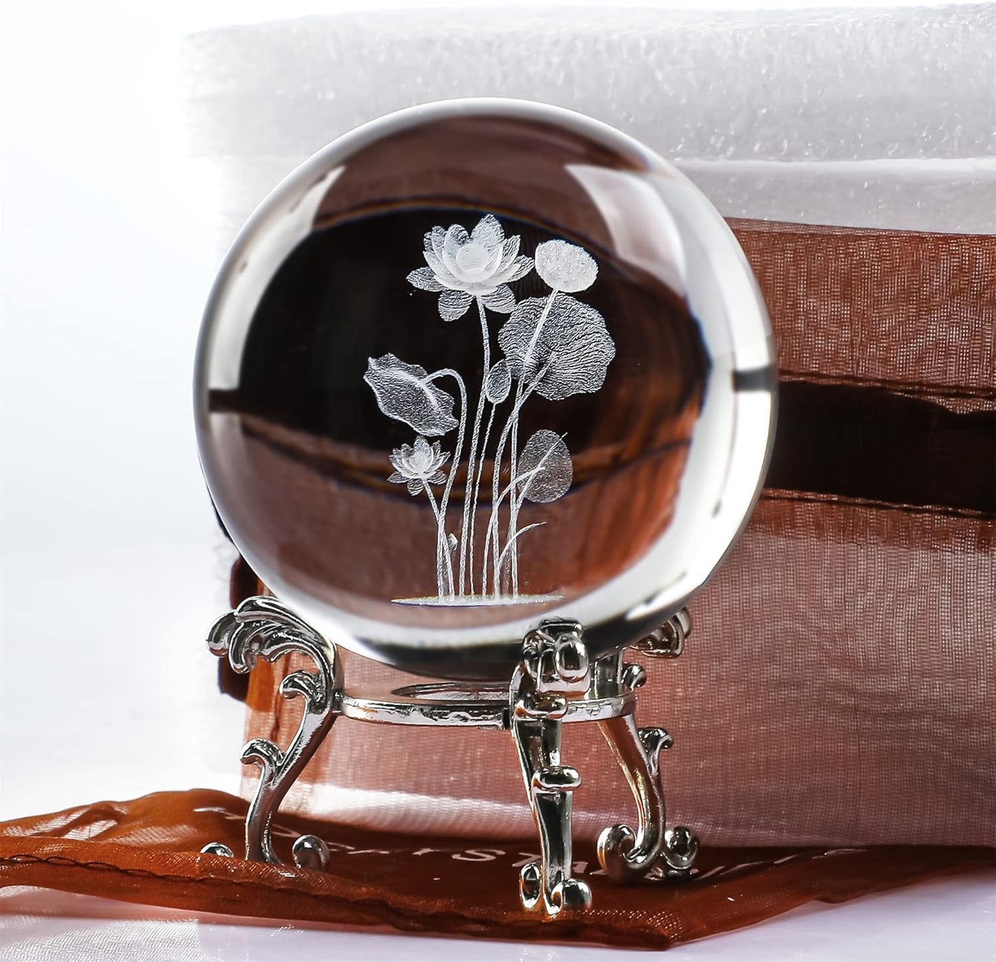 3D Engrving Crystal Lotus Flower Figurine Crystal Ball with Sliver-Plated Flowering Stand Glass Decorative Ball Sphere for Home Decor 2.3 inch (60mm)