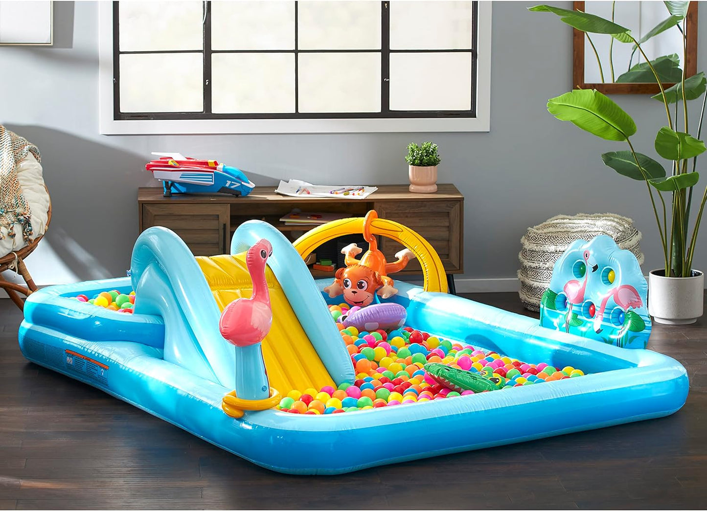 96 x 78 x 28 Inflatable Jungle Adventure Play Center Spray Kiddie Pool - Backyard Kids Water Slide. Outdoor Blow-Up Splash Pad for Toddlers