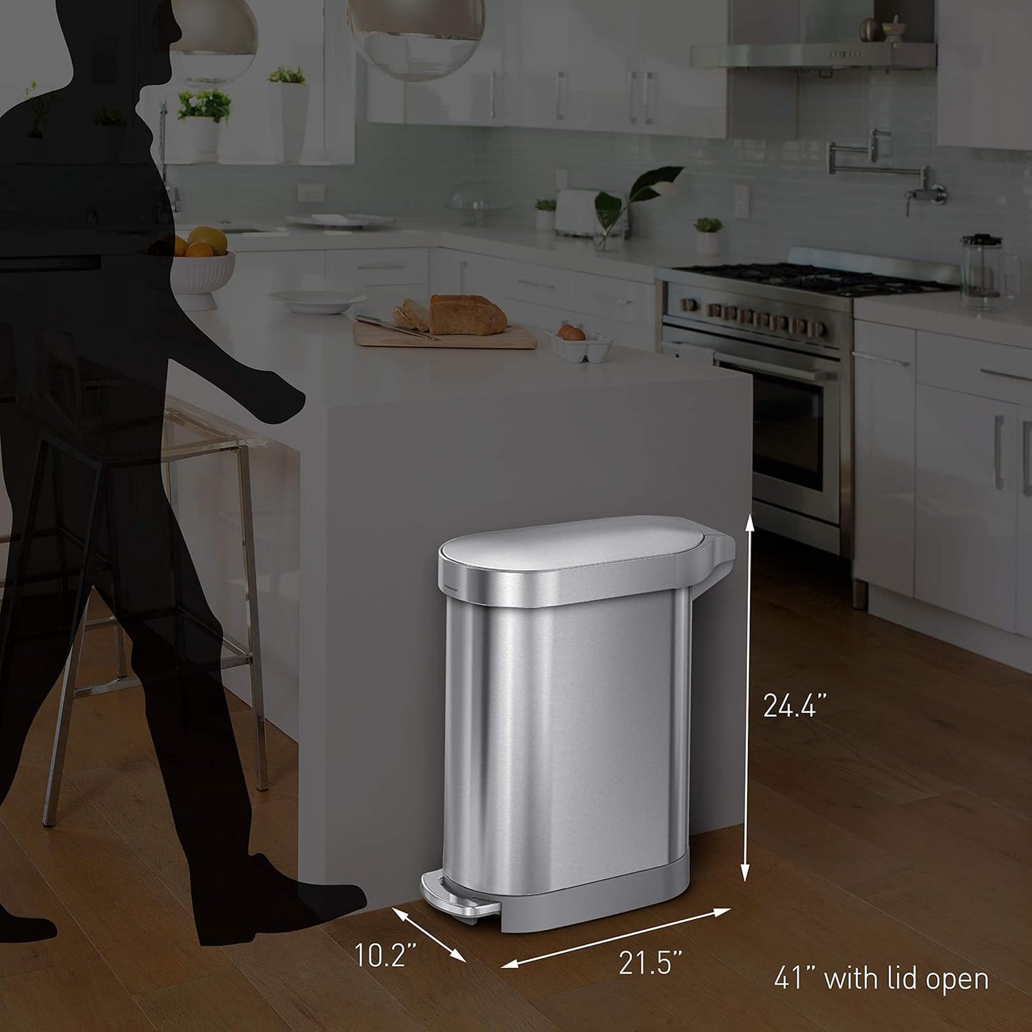 45 Liter / 12 Gallon Slim Hands-Free Kitchen Step Trash Can. Brushed Stainless Steel