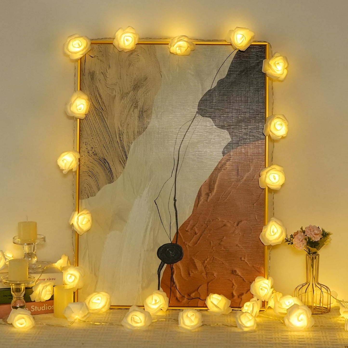 30 LED Rose Flower Lights. 16ft Flower String Lights Battery Operated. 8 Modes Rose Fairy Lights for Mother's Day Bedroom Wedding Room Decor Gift Indoor Decor(Warm White)