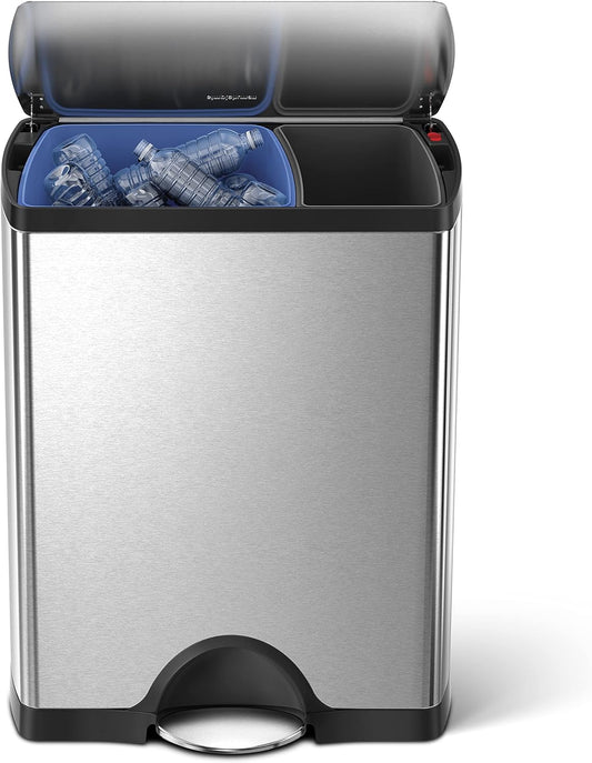 Rectangular Dual Compartment Recycling Kitchen Step Trash Can. 46 Liter. Brushed Stainless Steel