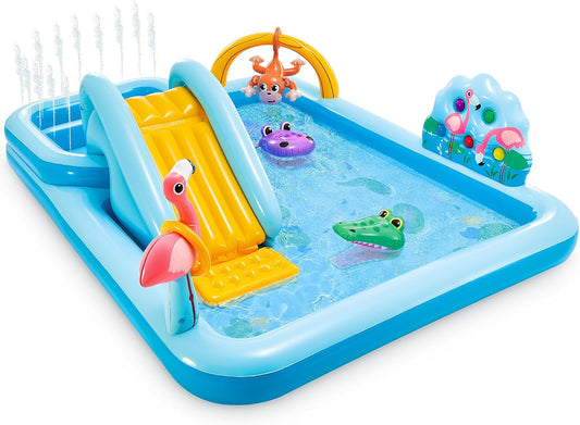 96 x 78 x 28 Inflatable Jungle Adventure Play Center Spray Kiddie Pool - Backyard Kids Water Slide. Outdoor Blow-Up Splash Pad for Toddlers
