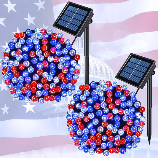 2 Pack Red White and Blue Solar Lights 100LED 33ft Patriot Solar String Lights Waterproof. 8 Modes 4th of July Lights for Independence Day. Gardens. Tree. Outdoor 4th of July Decorations