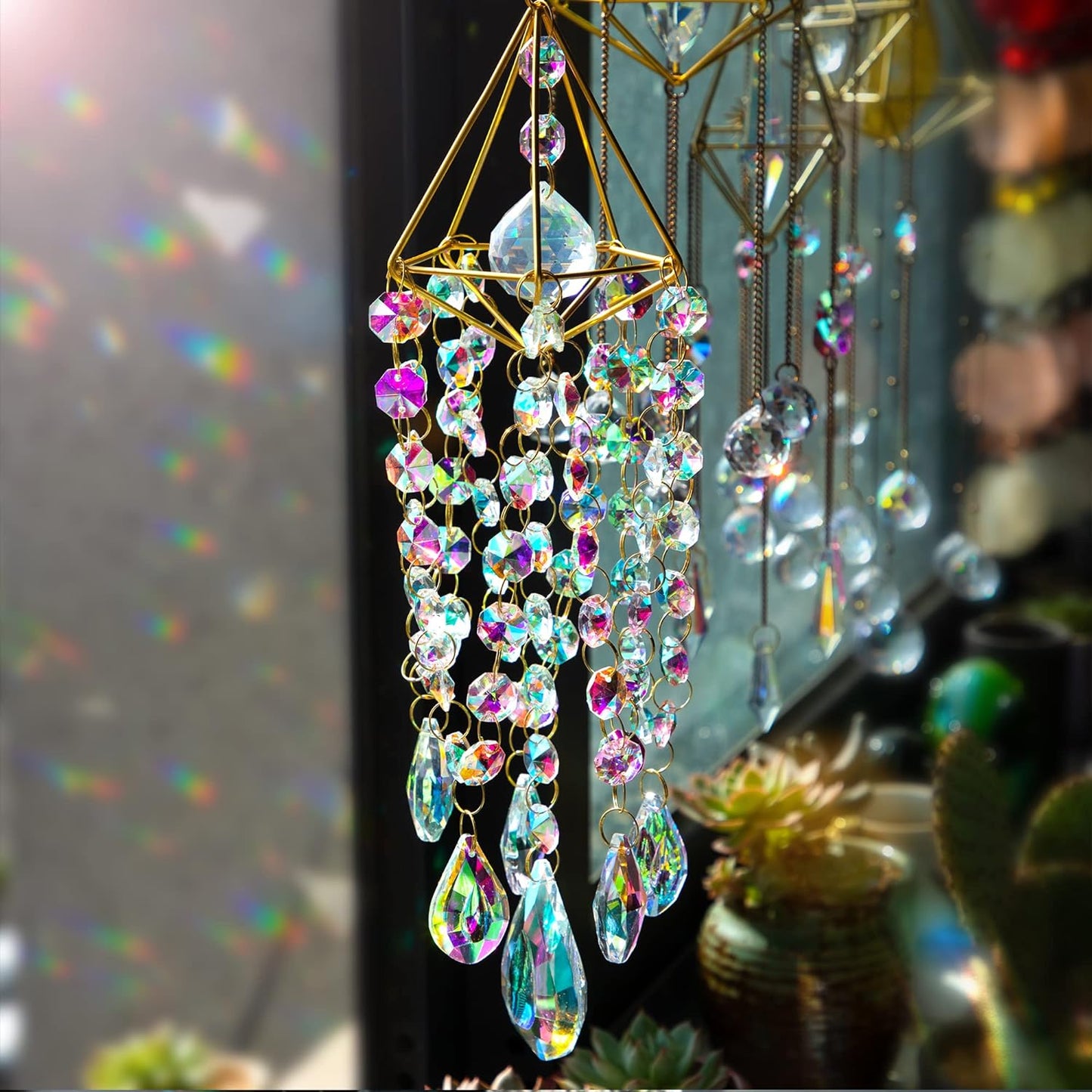 Crystal Suncatchers for Window Hanging Wind Chime Style Garden Sun Catchers with Crystals Rainbow Maker Indoor Outdoor Decor Handmade Gold Plated